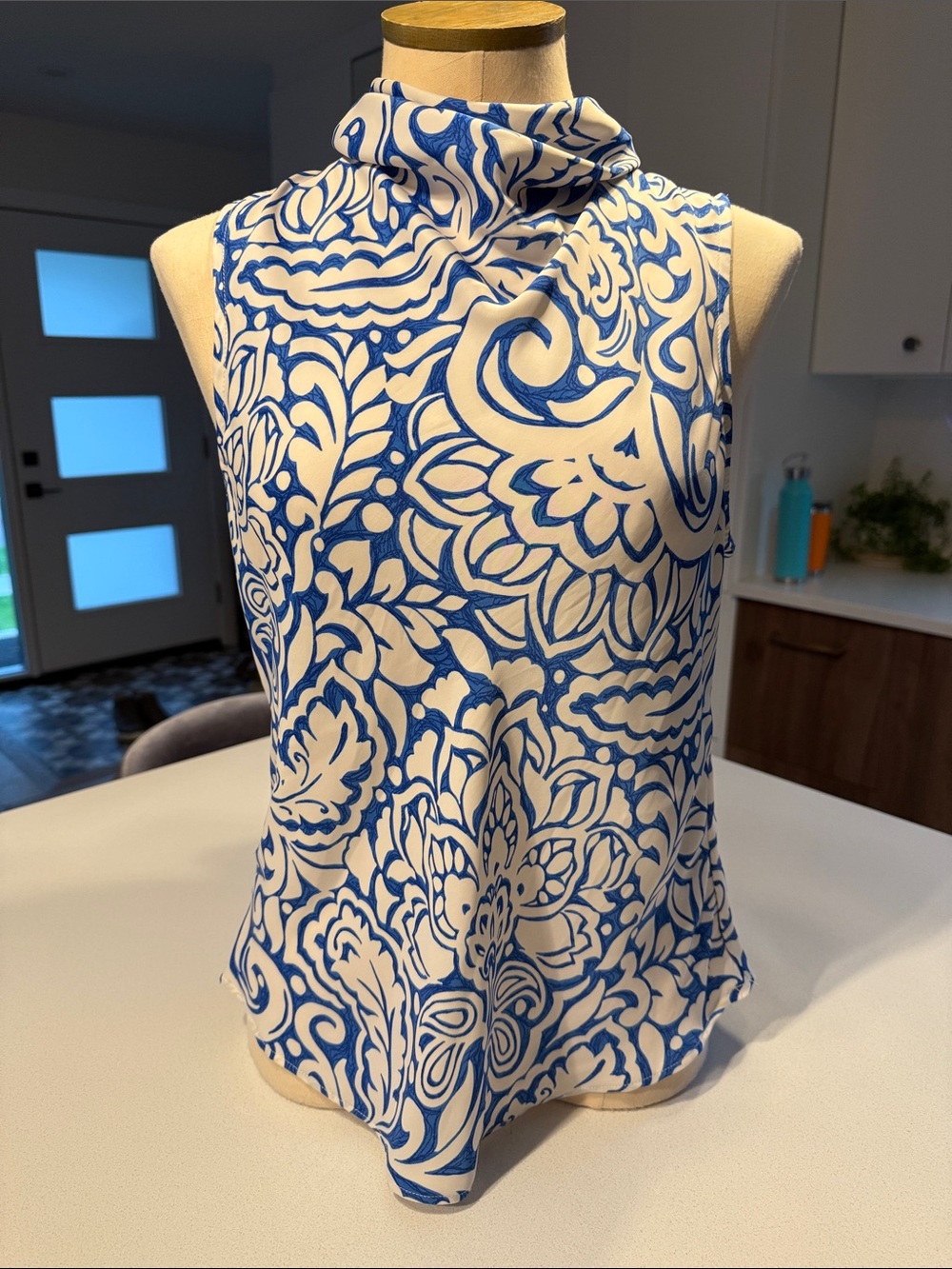 Zara NWOT Blue & White Floral-Print Cowl-Neck Sleeveless Top